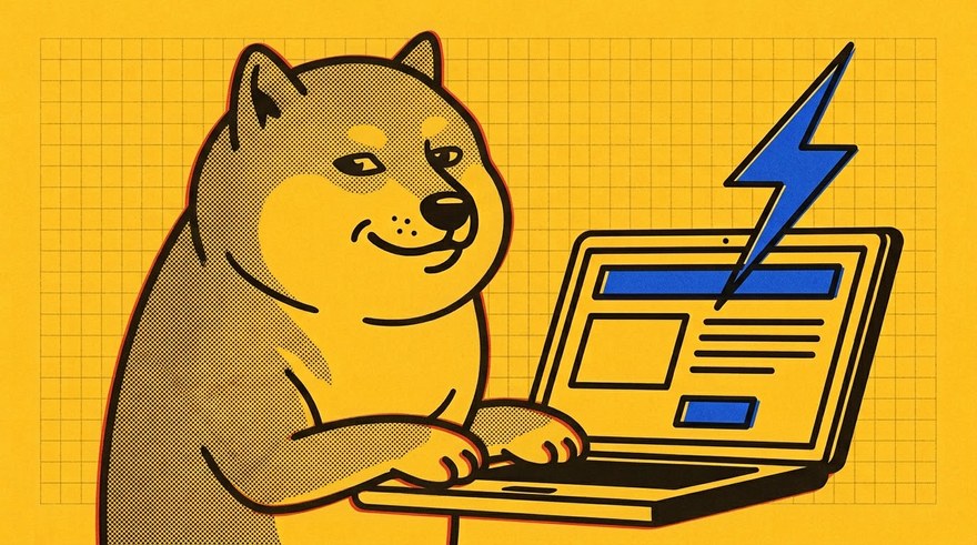 Cheems armando una página web en su laptop, ilustración risográfica de Sitios Rapiditos