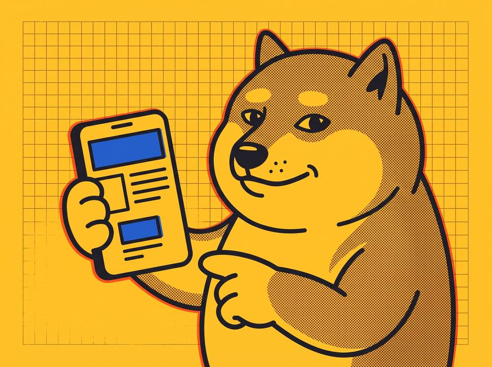 Cheems enseñando una página web en un celular, ilustración risográfica de Sitios Rapiditos