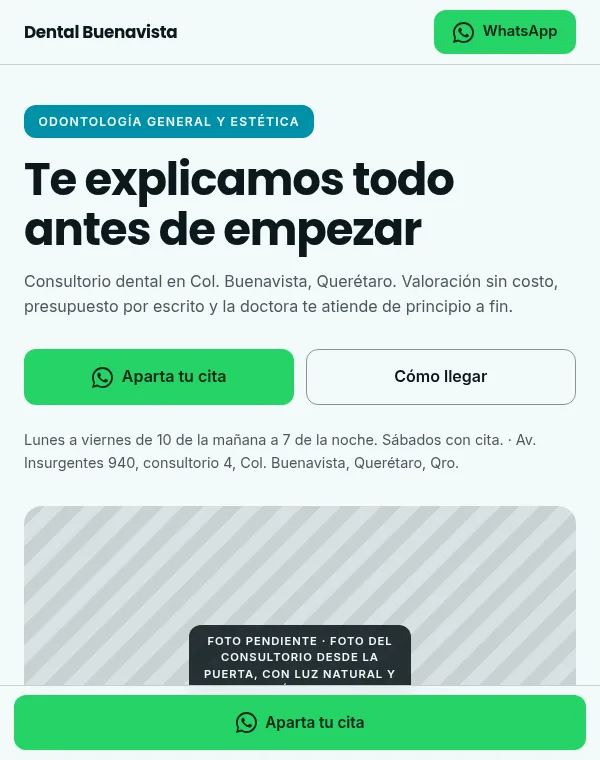 Página de Dental Buenavista hecha por Sitios Rapiditos, vista en celular
