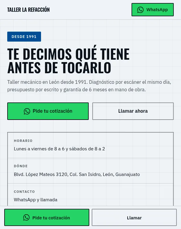 Página de Taller La Refacción hecha por Sitios Rapiditos, vista en celular