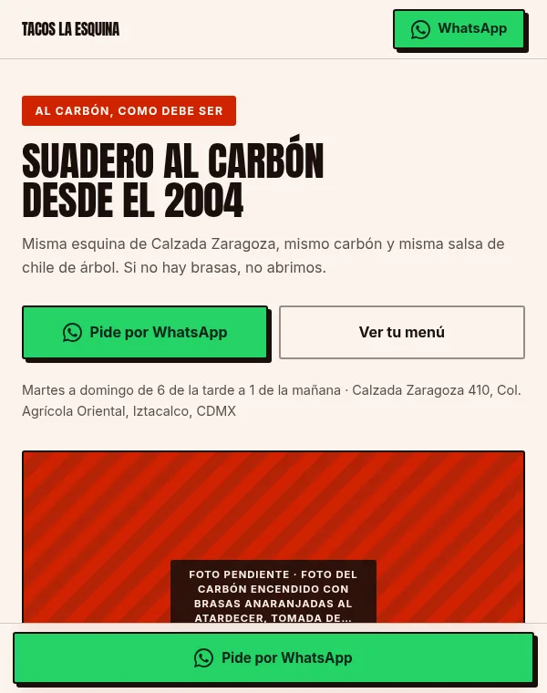 Página de Tacos La Esquina hecha por Sitios Rapiditos, vista en celular